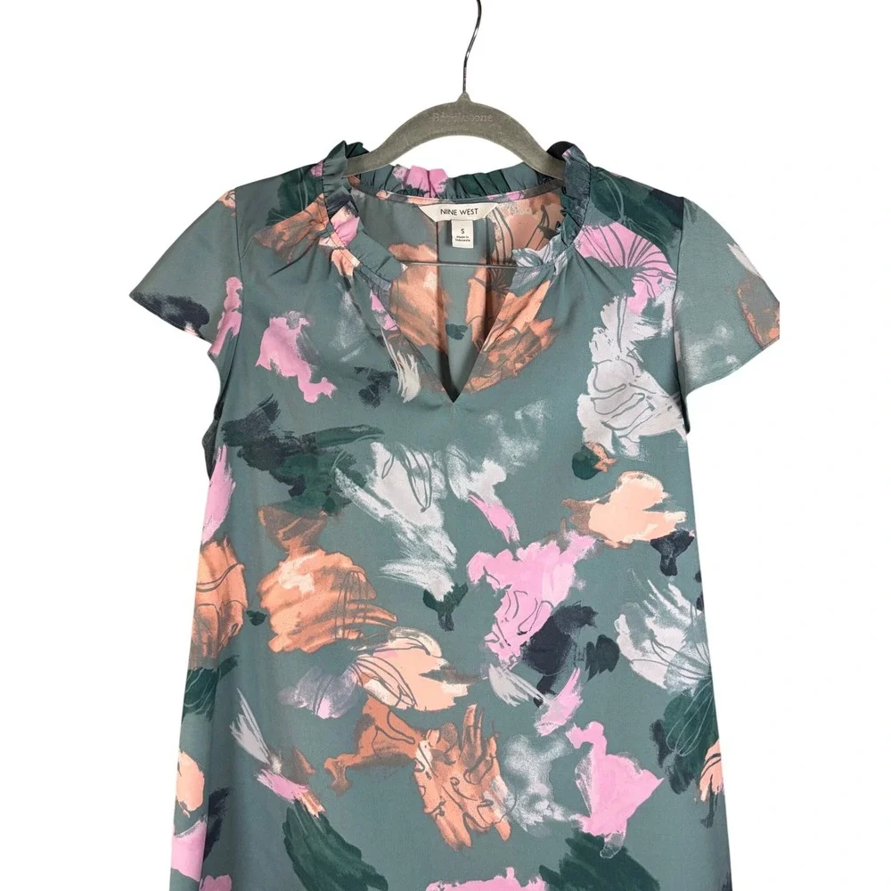 Nine West Womens Blue, Pink, and Orange Abstract Ruffle Neck Blouse Top Small - Picture 4 of 6